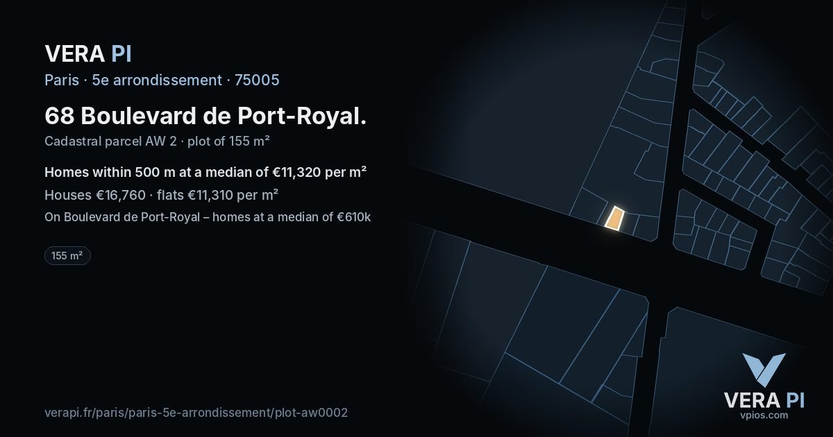 68 Boulevard de Port-Royal, 5e arrondissement at night – the plot lit, the parcels around coloured by the prices near them