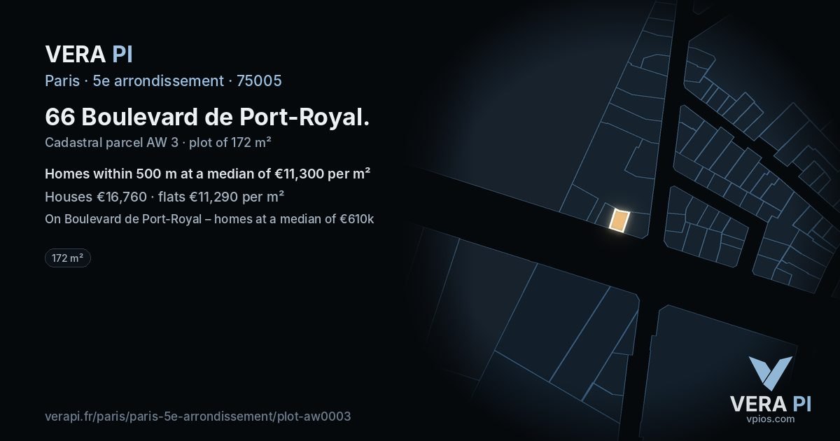 66 Boulevard de Port-Royal, 5e arrondissement at night – the plot lit, the parcels around coloured by the prices near them