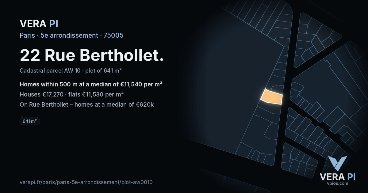22 Rue Berthollet, 5e arrondissement at night – the plot lit, the parcels around coloured by the prices near them