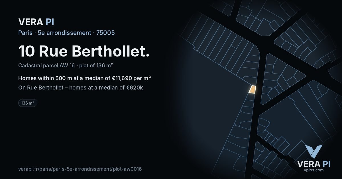 10 Rue Berthollet, 5e arrondissement at night – the plot lit, the parcels around coloured by the prices near them