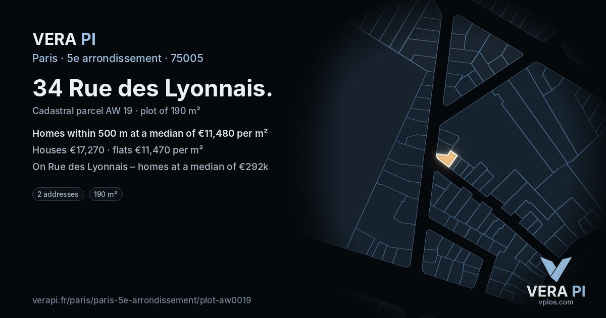 34 Rue des Lyonnais, 5e arrondissement at night – the plot lit, the parcels around coloured by the prices near them