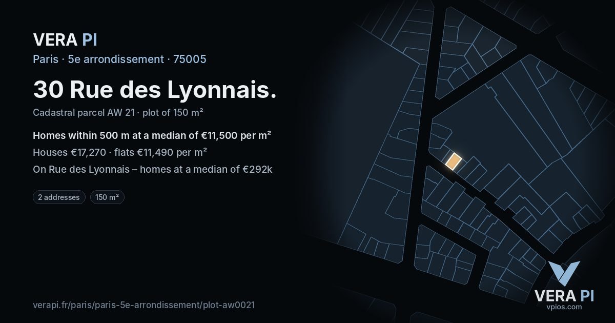 30 Rue des Lyonnais, 5e arrondissement at night – the plot lit, the parcels around coloured by the prices near them