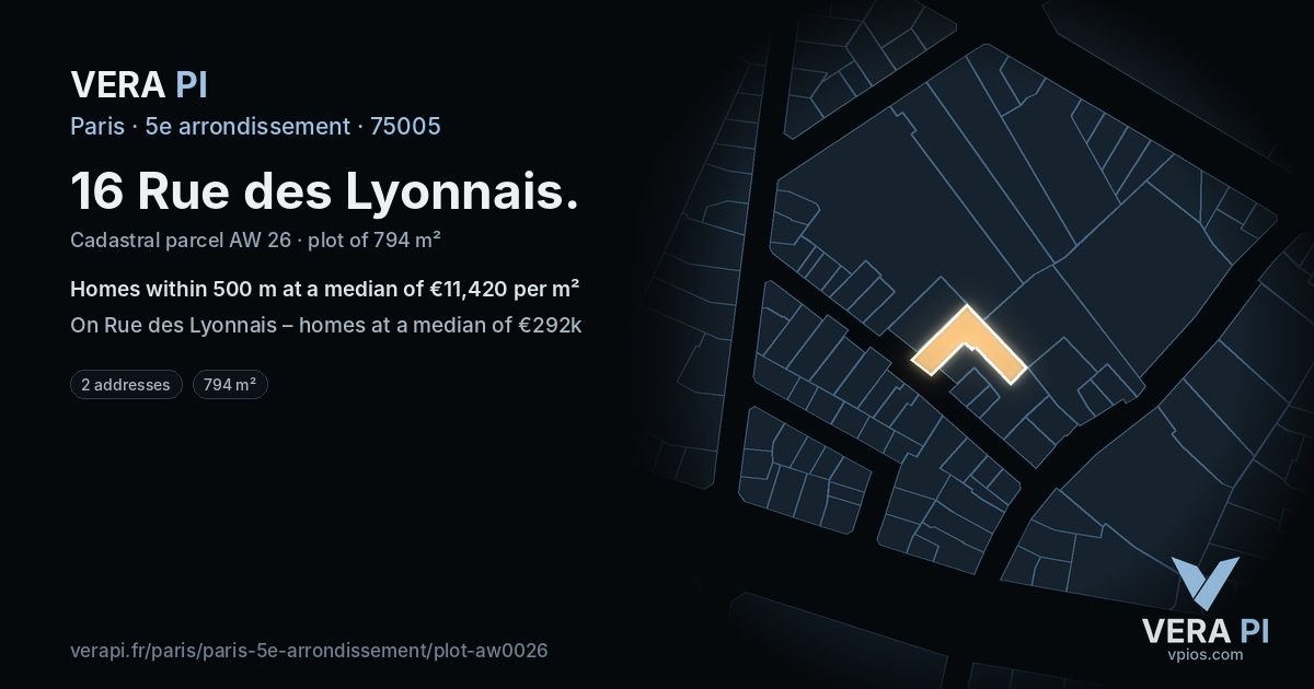 16 Rue des Lyonnais, 5e arrondissement at night – the plot lit, the parcels around coloured by the prices near them