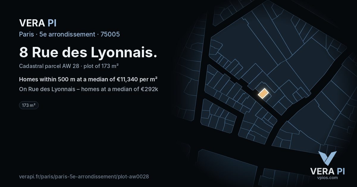 8 Rue des Lyonnais, 5e arrondissement at night – the plot lit, the parcels around coloured by the prices near them