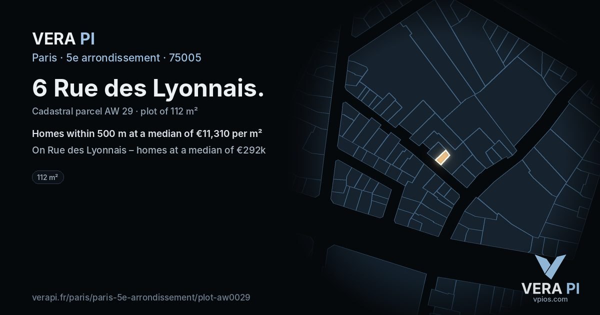 6 Rue des Lyonnais, 5e arrondissement at night – the plot lit, the parcels around coloured by the prices near them