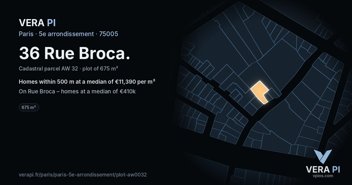 36 Rue Broca, 5e arrondissement at night – the plot lit, the parcels around coloured by the prices near them