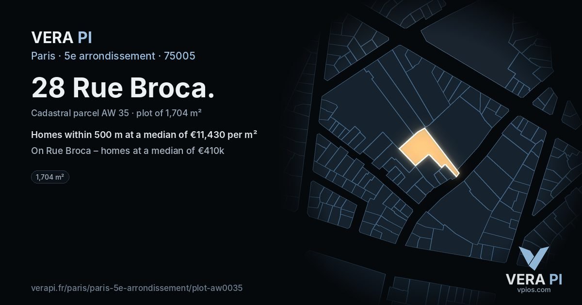 28 Rue Broca, 5e arrondissement at night – the plot lit, the parcels around coloured by the prices near them