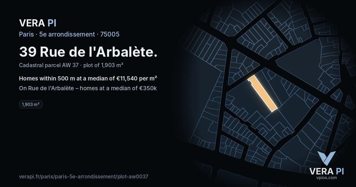 39 Rue de l'Arbalète, 5e arrondissement at night – the plot lit, the parcels around coloured by the prices near them