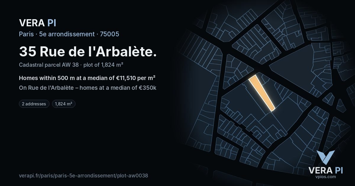 35 Rue de l'Arbalète, 5e arrondissement at night – the plot lit, the parcels around coloured by the prices near them