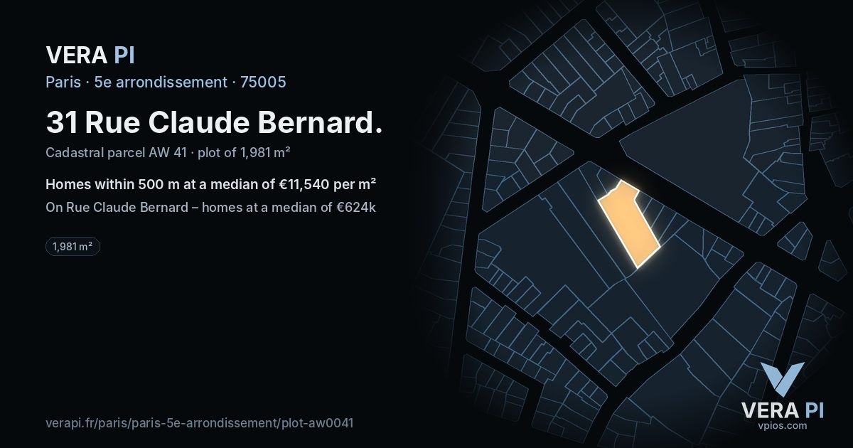 31 Rue Claude Bernard, 5e arrondissement at night – the plot lit, the parcels around coloured by the prices near them