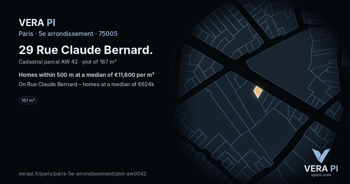 29 Rue Claude Bernard, 5e arrondissement at night – the plot lit, the parcels around coloured by the prices near them