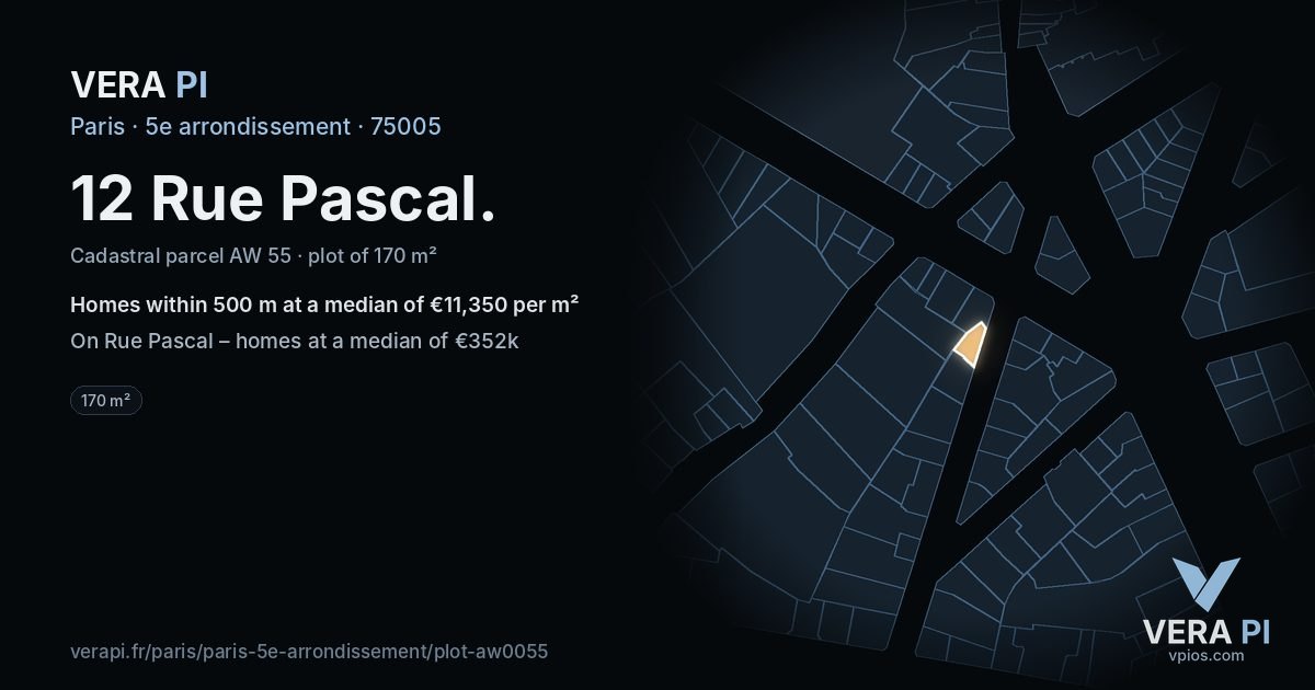 12 Rue Pascal, 5e arrondissement at night – the plot lit, the parcels around coloured by the prices near them