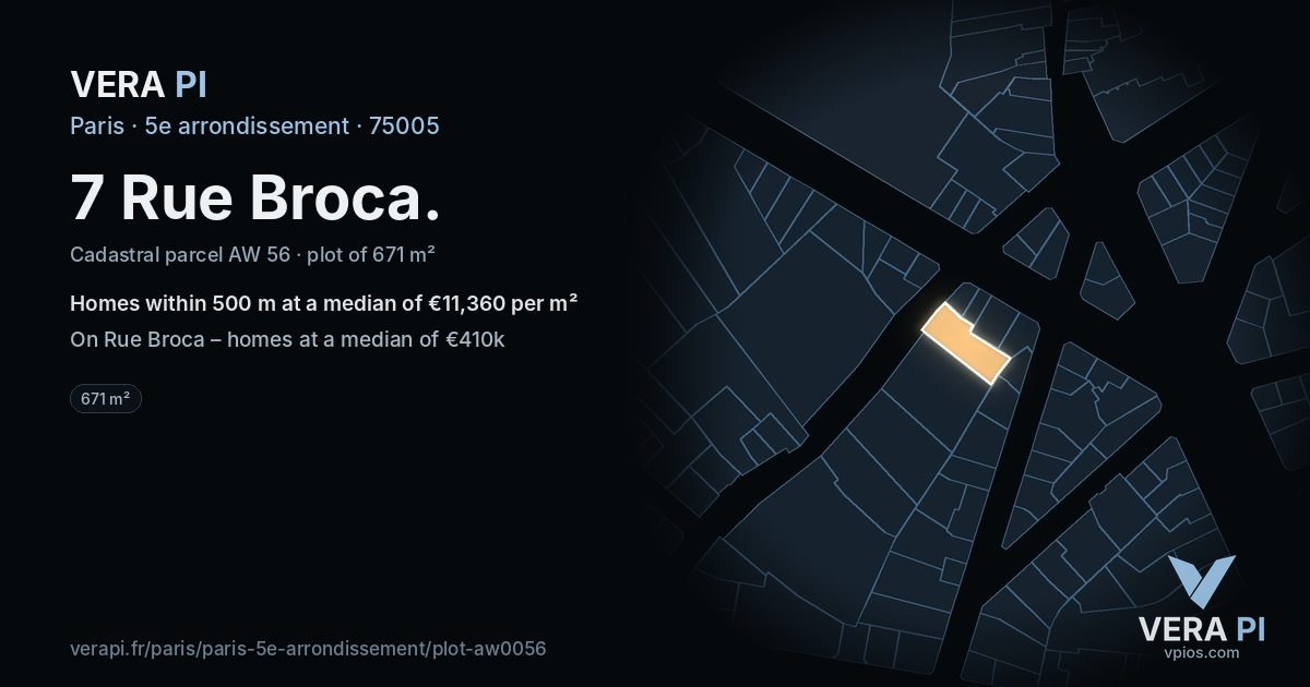 7 Rue Broca, 5e arrondissement at night – the plot lit, the parcels around coloured by the prices near them