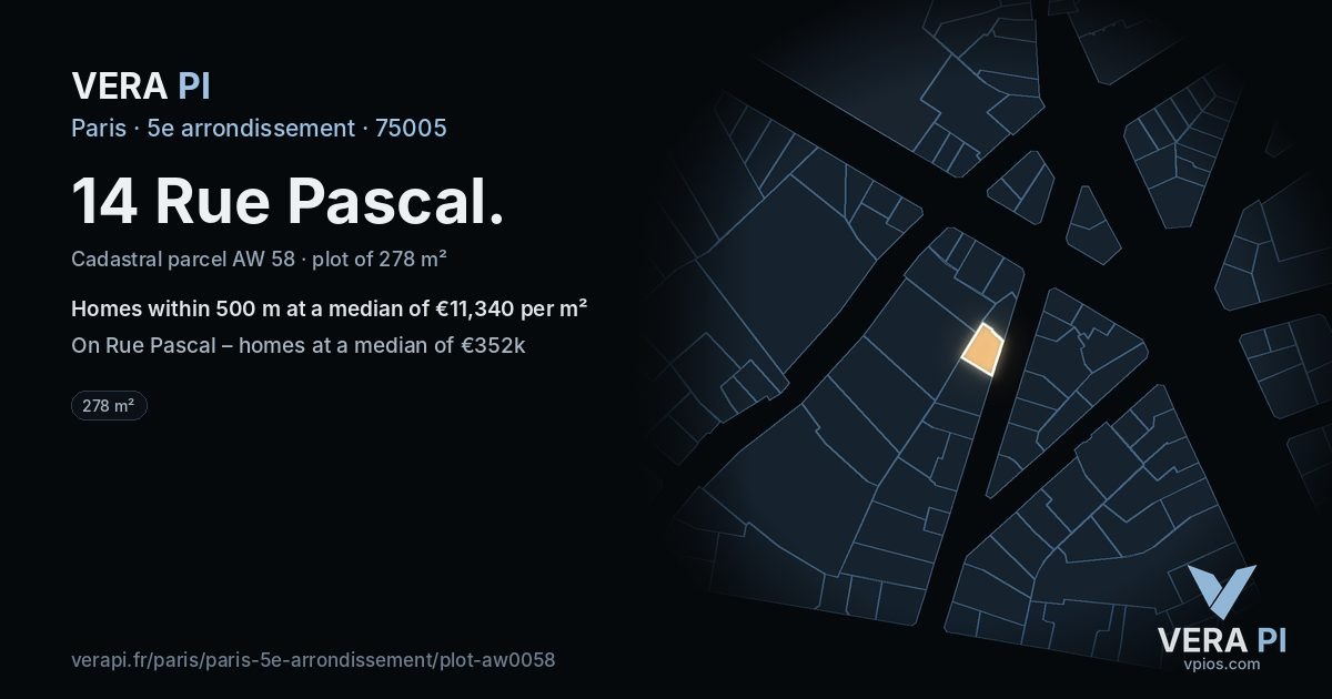 14 Rue Pascal, 5e arrondissement at night – the plot lit, the parcels around coloured by the prices near them