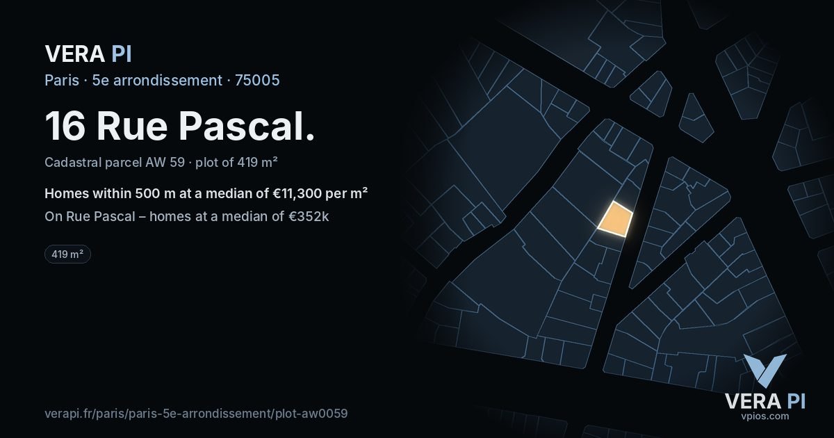 16 Rue Pascal, 5e arrondissement at night – the plot lit, the parcels around coloured by the prices near them