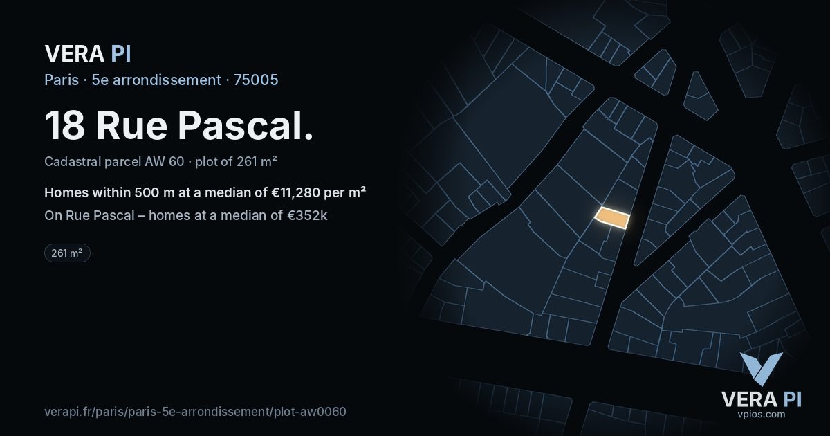 18 Rue Pascal, 5e arrondissement at night – the plot lit, the parcels around coloured by the prices near them