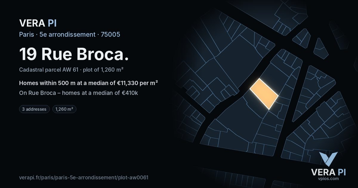 19 Rue Broca, 5e arrondissement at night – the plot lit, the parcels around coloured by the prices near them