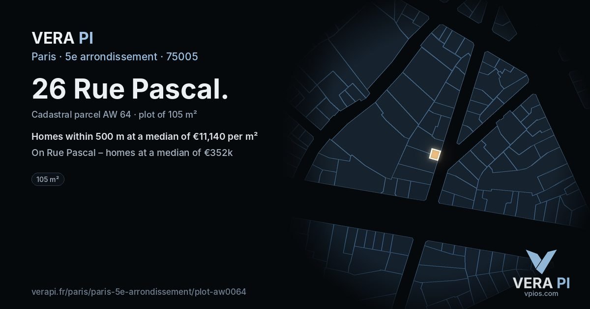 26 Rue Pascal, 5e arrondissement at night – the plot lit, the parcels around coloured by the prices near them