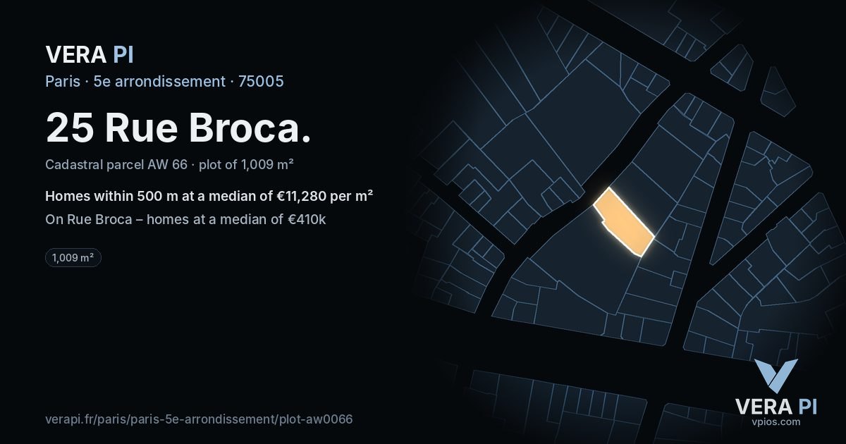 25 Rue Broca, 5e arrondissement at night – the plot lit, the parcels around coloured by the prices near them