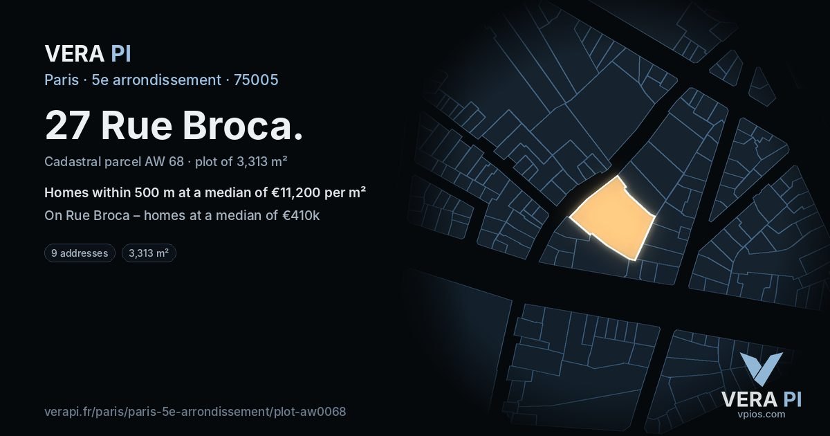 27 Rue Broca, 5e arrondissement at night – the plot lit, the parcels around coloured by the prices near them