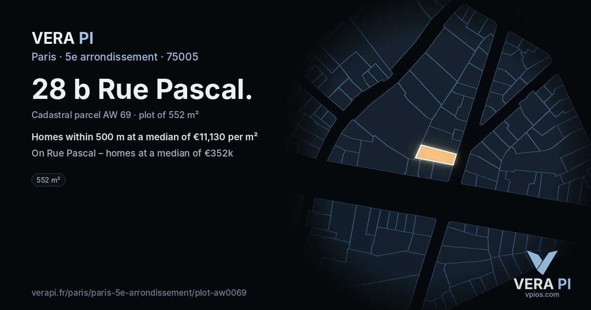 28 b Rue Pascal, 5e arrondissement at night – the plot lit, the parcels around coloured by the prices near them