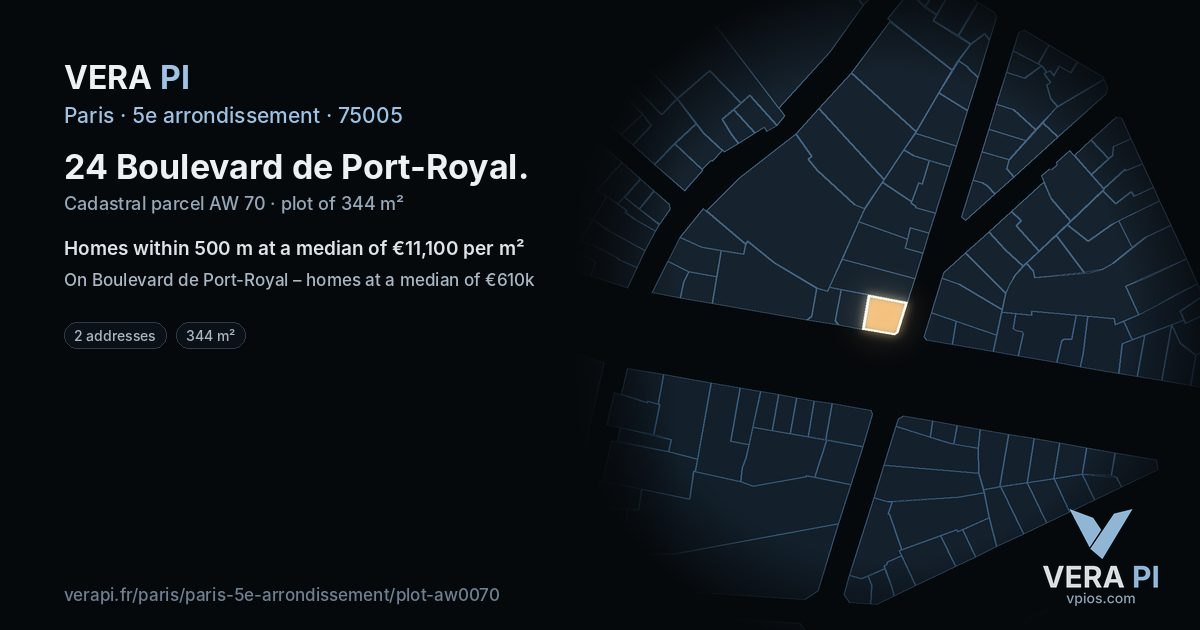 24 Boulevard de Port-Royal, 5e arrondissement at night – the plot lit, the parcels around coloured by the prices near them