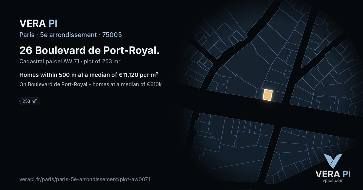 26 Boulevard de Port-Royal, 5e arrondissement at night – the plot lit, the parcels around coloured by the prices near them