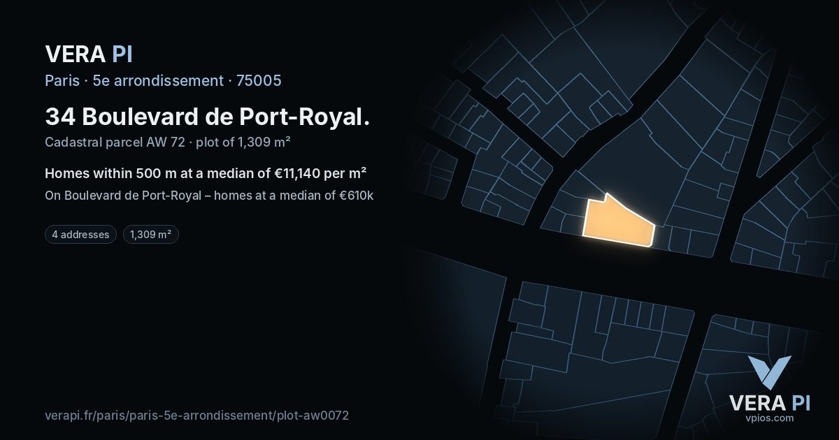 34 Boulevard de Port-Royal, 5e arrondissement at night – the plot lit, the parcels around coloured by the prices near them