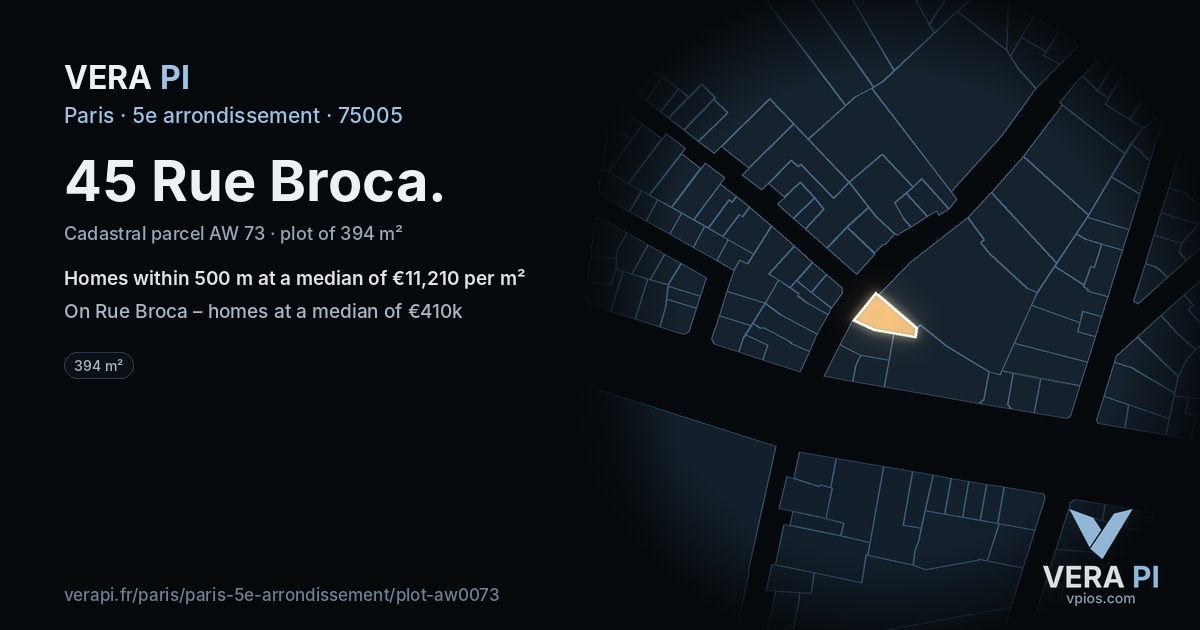 45 Rue Broca, 5e arrondissement at night – the plot lit, the parcels around coloured by the prices near them