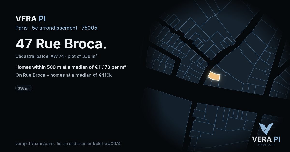 47 Rue Broca, 5e arrondissement at night – the plot lit, the parcels around coloured by the prices near them