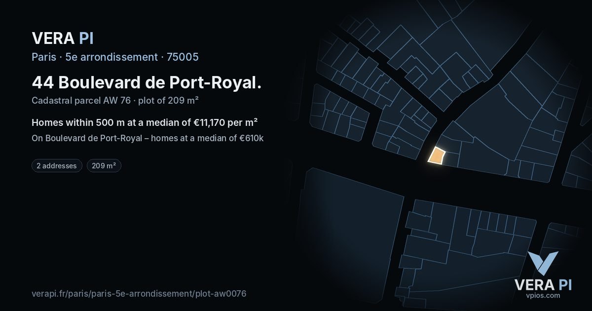 44 Boulevard de Port-Royal, 5e arrondissement at night – the plot lit, the parcels around coloured by the prices near them