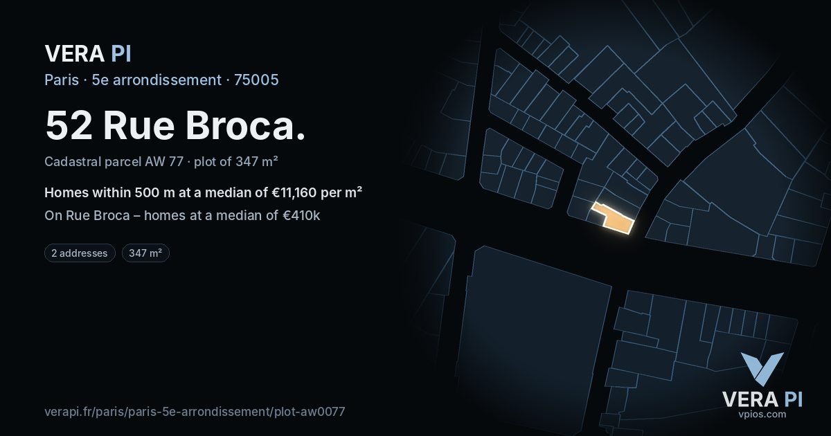 52 Rue Broca, 5e arrondissement at night – the plot lit, the parcels around coloured by the prices near them