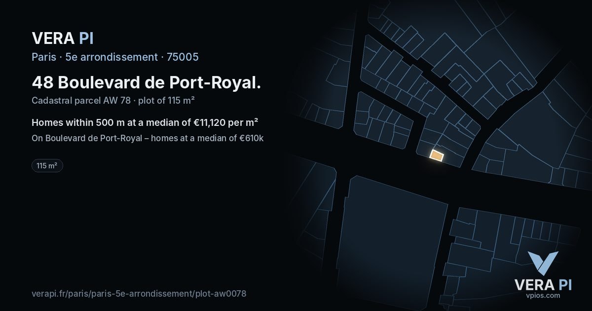 48 Boulevard de Port-Royal, 5e arrondissement at night – the plot lit, the parcels around coloured by the prices near them