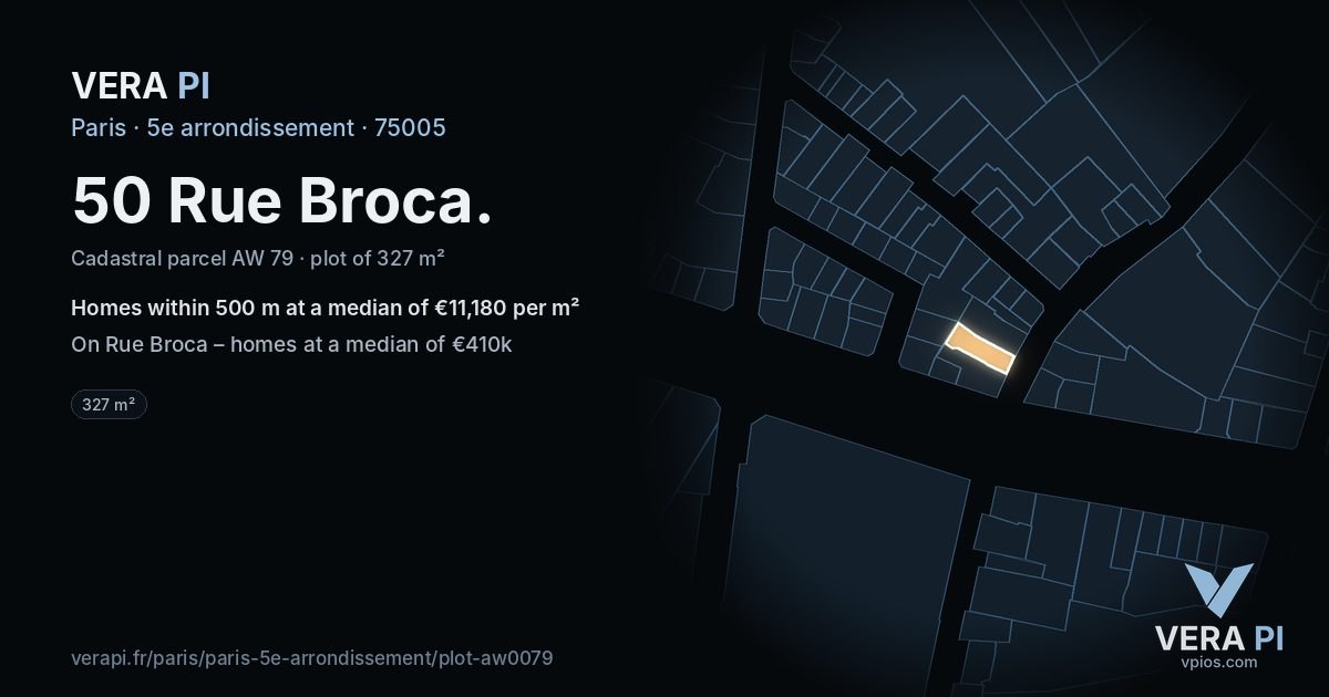 50 Rue Broca, 5e arrondissement at night – the plot lit, the parcels around coloured by the prices near them