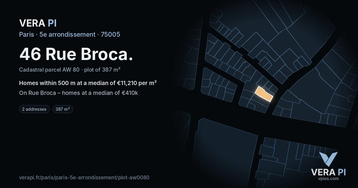46 Rue Broca, 5e arrondissement at night – the plot lit, the parcels around coloured by the prices near them