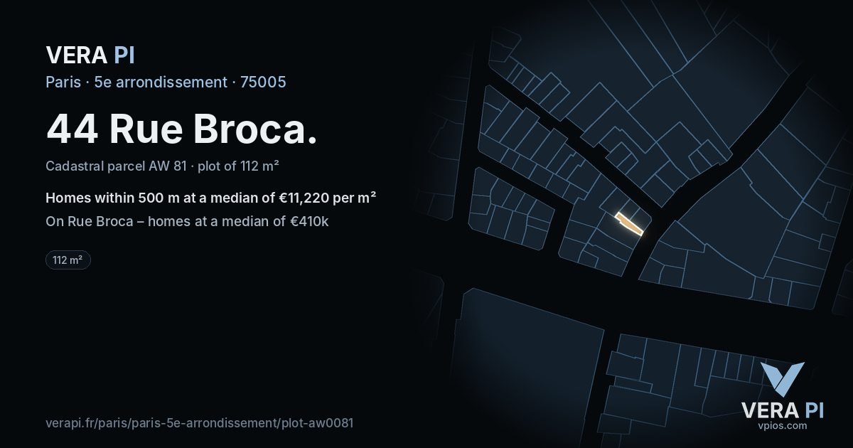 44 Rue Broca, 5e arrondissement at night – the plot lit, the parcels around coloured by the prices near them