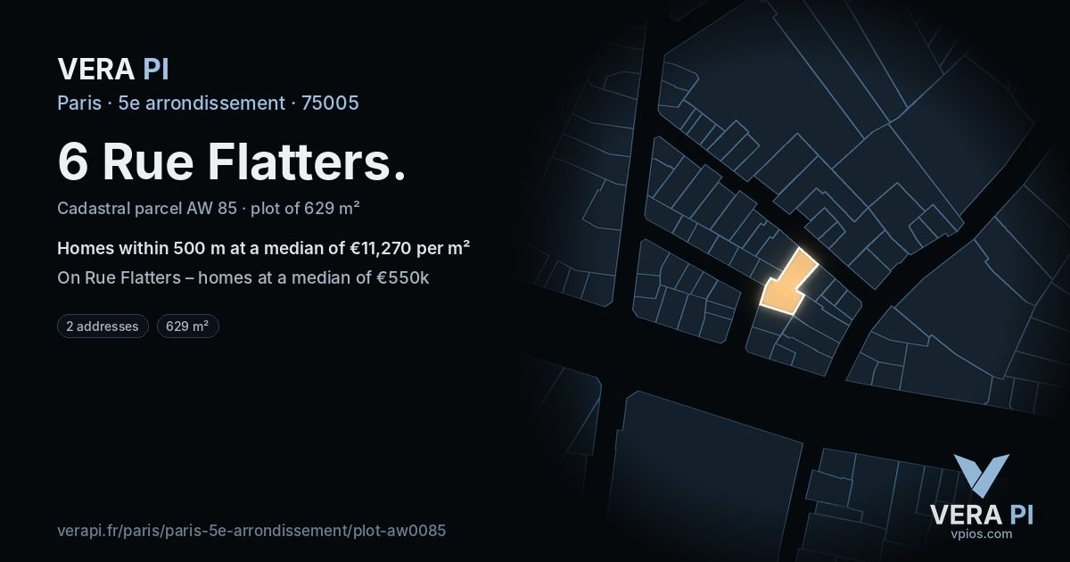 6 Rue Flatters, 5e arrondissement at night – the plot lit, the parcels around coloured by the prices near them