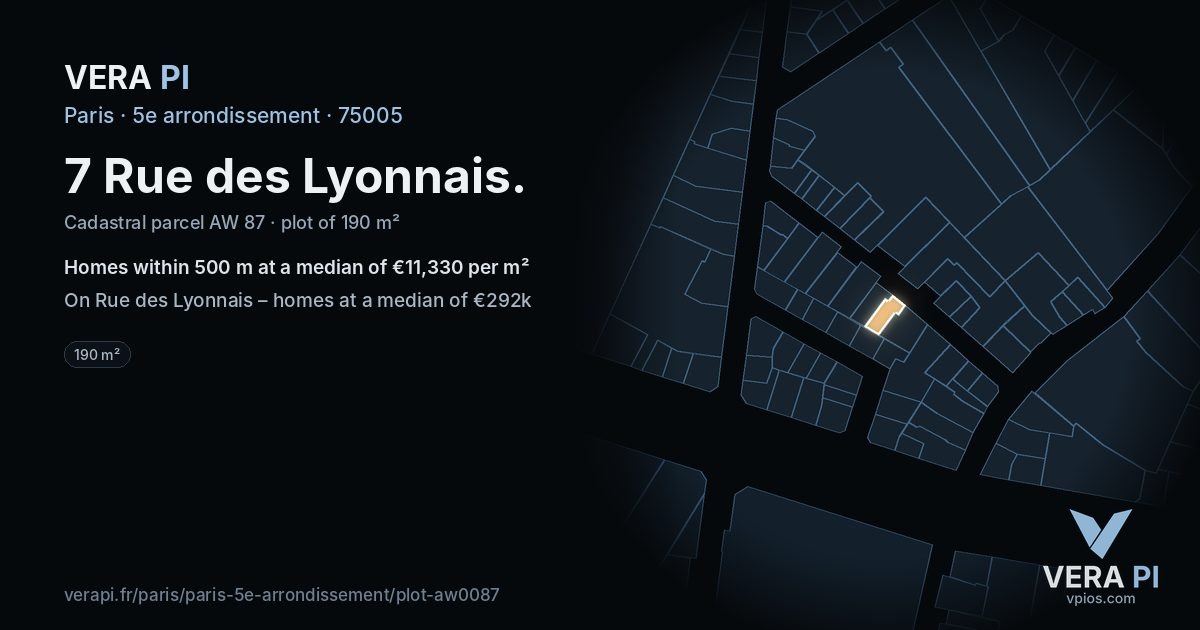 7 Rue des Lyonnais, 5e arrondissement at night – the plot lit, the parcels around coloured by the prices near them