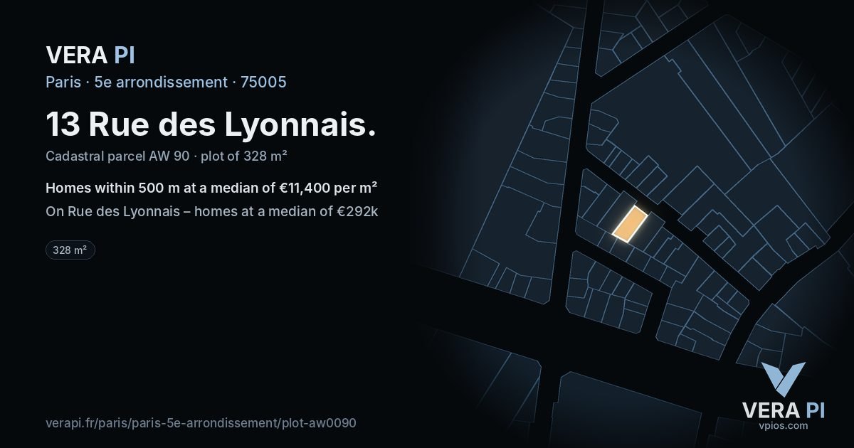 13 Rue des Lyonnais, 5e arrondissement at night – the plot lit, the parcels around coloured by the prices near them