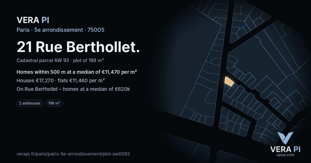 21 Rue Berthollet, 5e arrondissement at night – the plot lit, the parcels around coloured by the prices near them