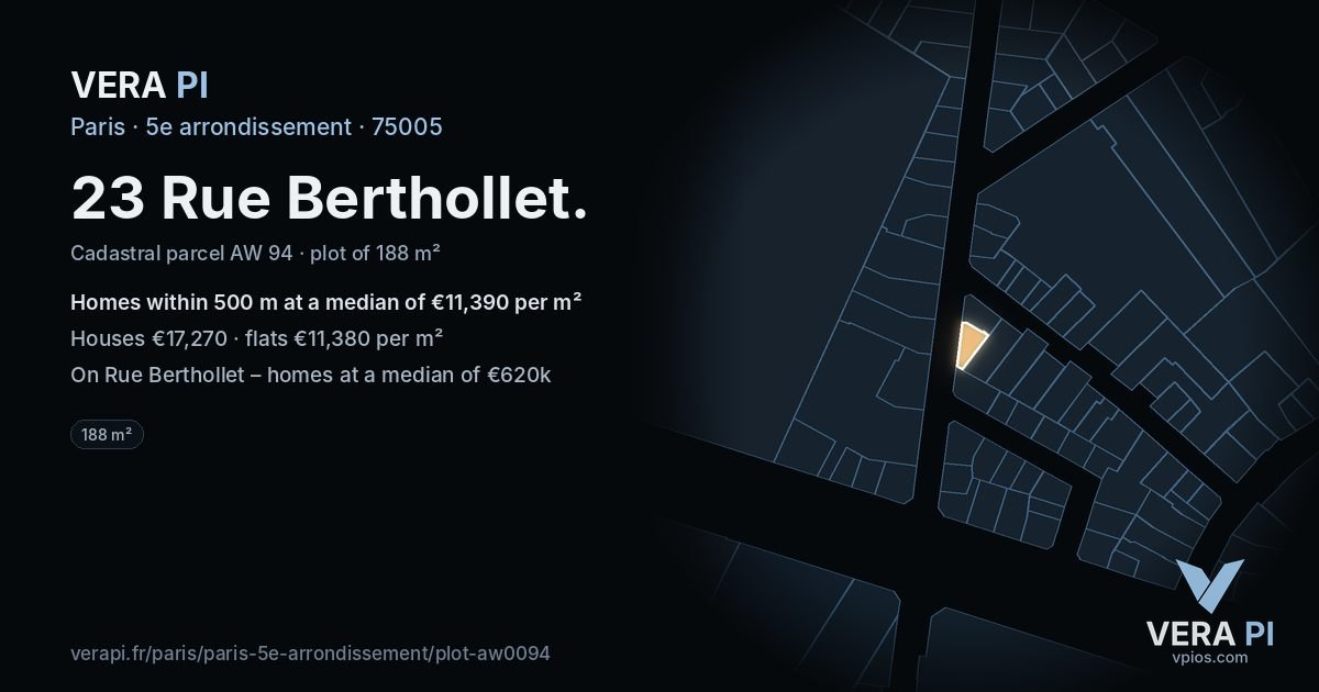23 Rue Berthollet, 5e arrondissement at night – the plot lit, the parcels around coloured by the prices near them