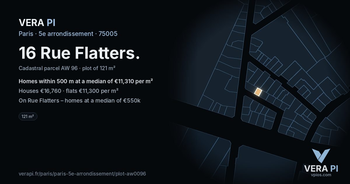 16 Rue Flatters, 5e arrondissement at night – the plot lit, the parcels around coloured by the prices near them