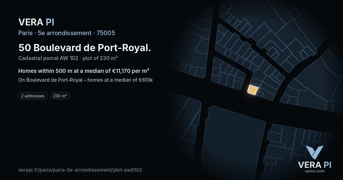 50 Boulevard de Port-Royal, 5e arrondissement at night – the plot lit, the parcels around coloured by the prices near them