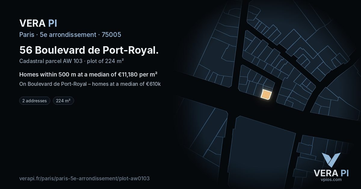 56 Boulevard de Port-Royal, 5e arrondissement at night – the plot lit, the parcels around coloured by the prices near them