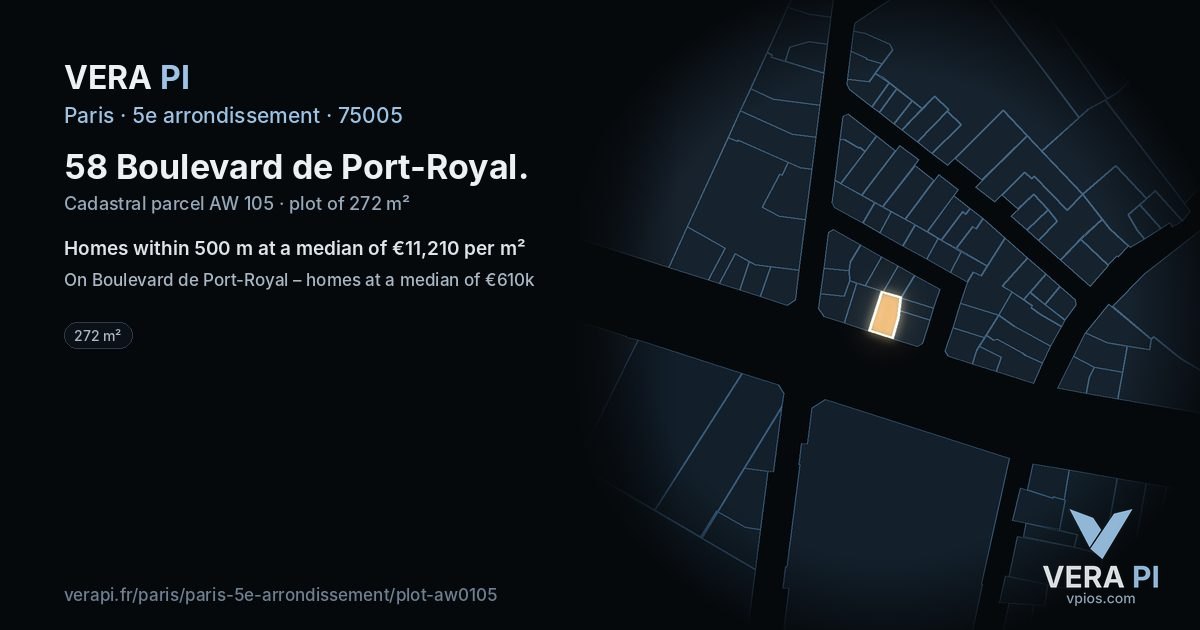 58 Boulevard de Port-Royal, 5e arrondissement at night – the plot lit, the parcels around coloured by the prices near them