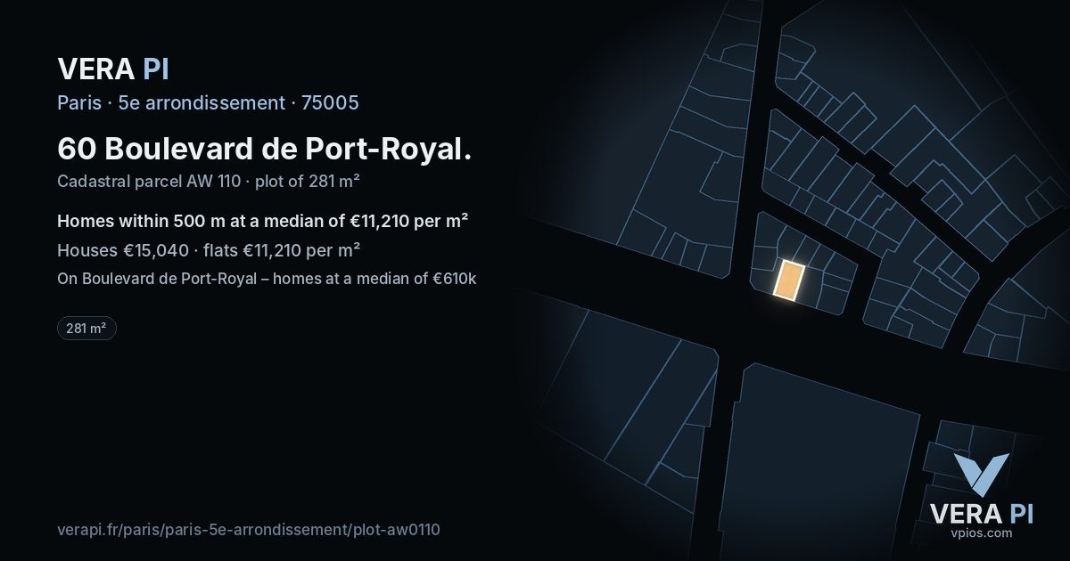 60 Boulevard de Port-Royal, 5e arrondissement at night – the plot lit, the parcels around coloured by the prices near them