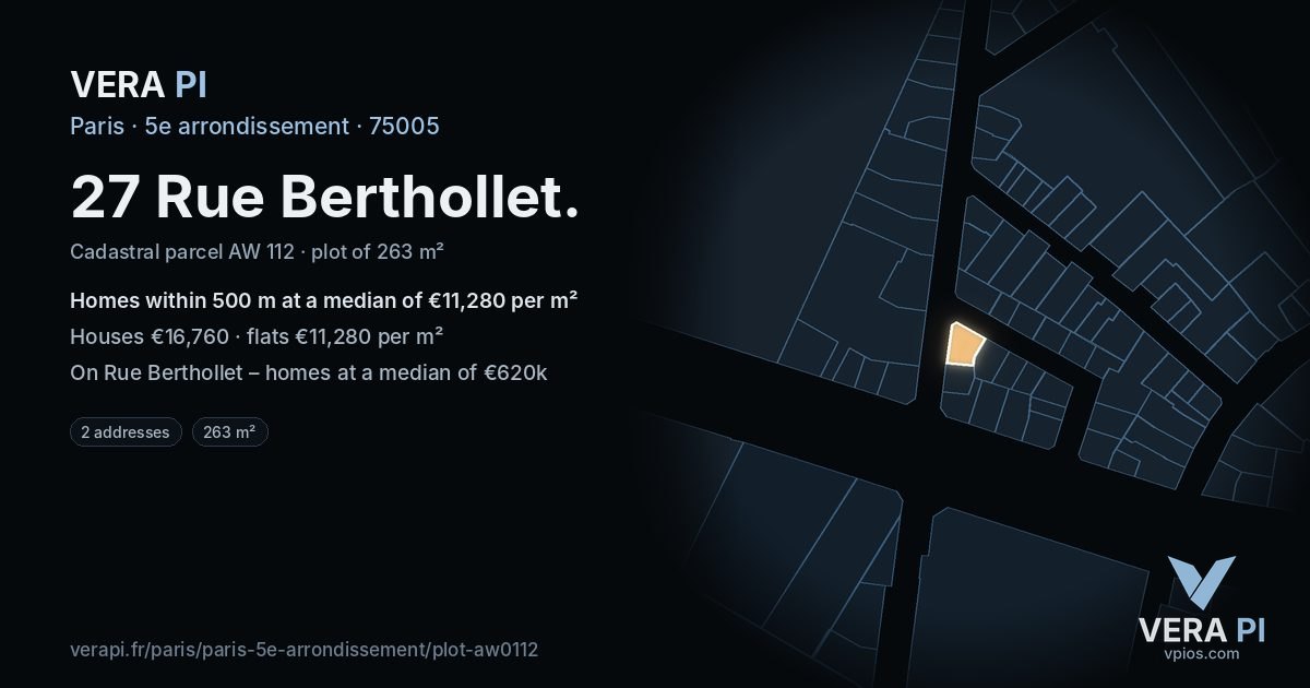 27 Rue Berthollet, 5e arrondissement at night – the plot lit, the parcels around coloured by the prices near them