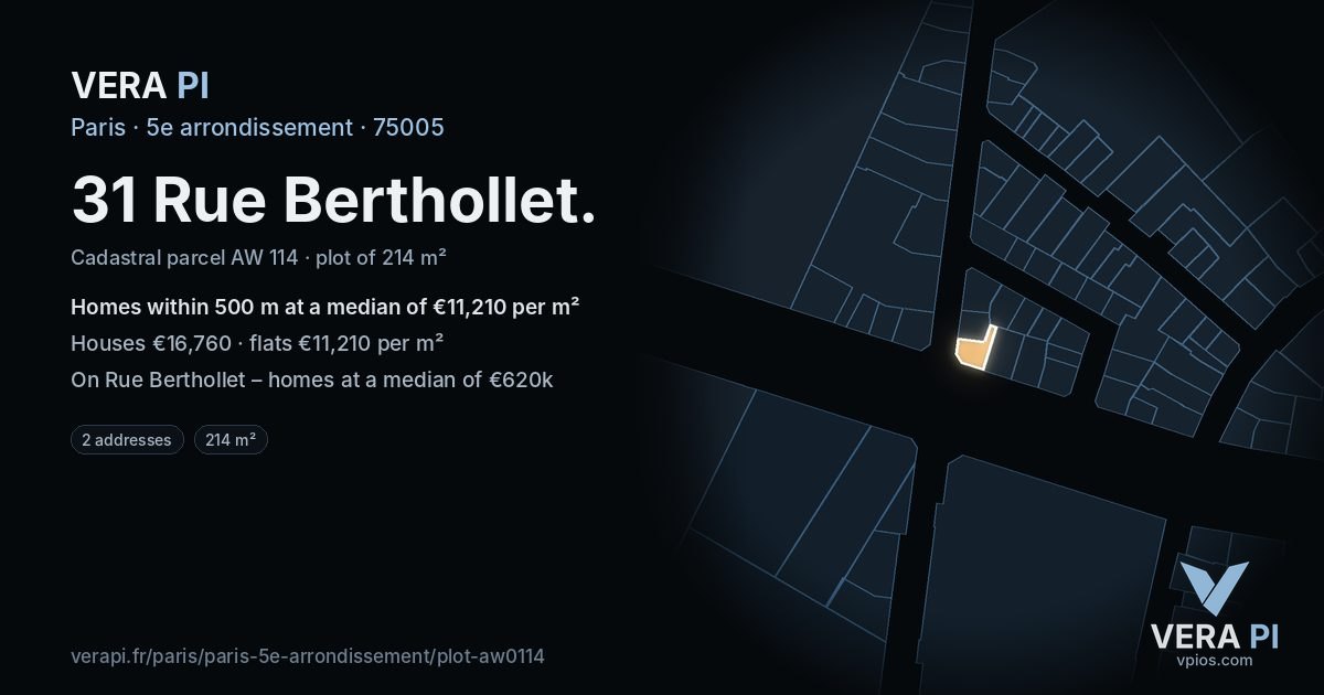 31 Rue Berthollet, 5e arrondissement at night – the plot lit, the parcels around coloured by the prices near them