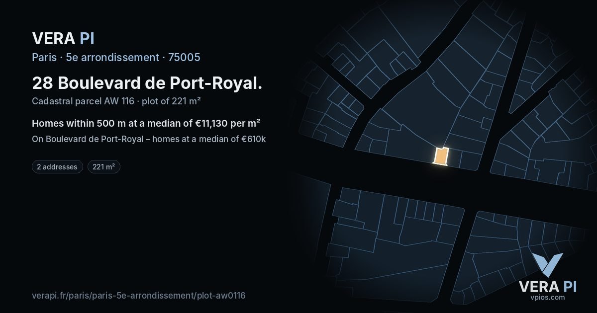 28 Boulevard de Port-Royal, 5e arrondissement at night – the plot lit, the parcels around coloured by the prices near them