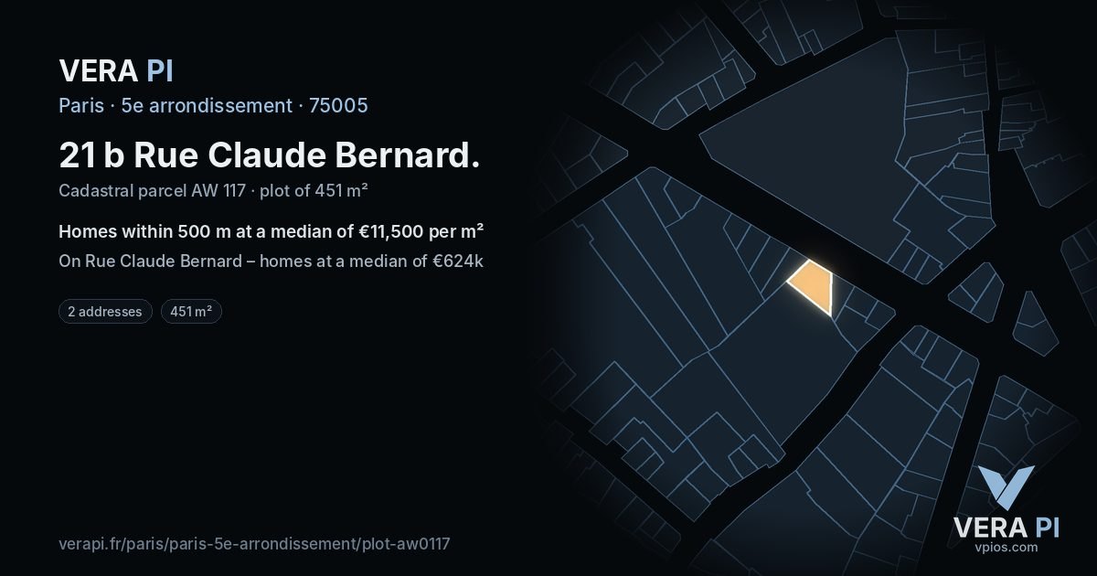 21 b Rue Claude Bernard, 5e arrondissement at night – the plot lit, the parcels around coloured by the prices near them